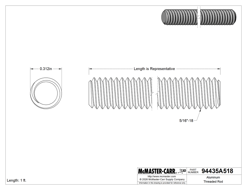 Technical Drawing of Aluminum Threaded Rod, 5/16"-18 Thread Size, 1 Foot Long.